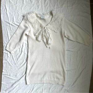 My Michelle Cream V-Neck Sweater Dress with Lace Collar